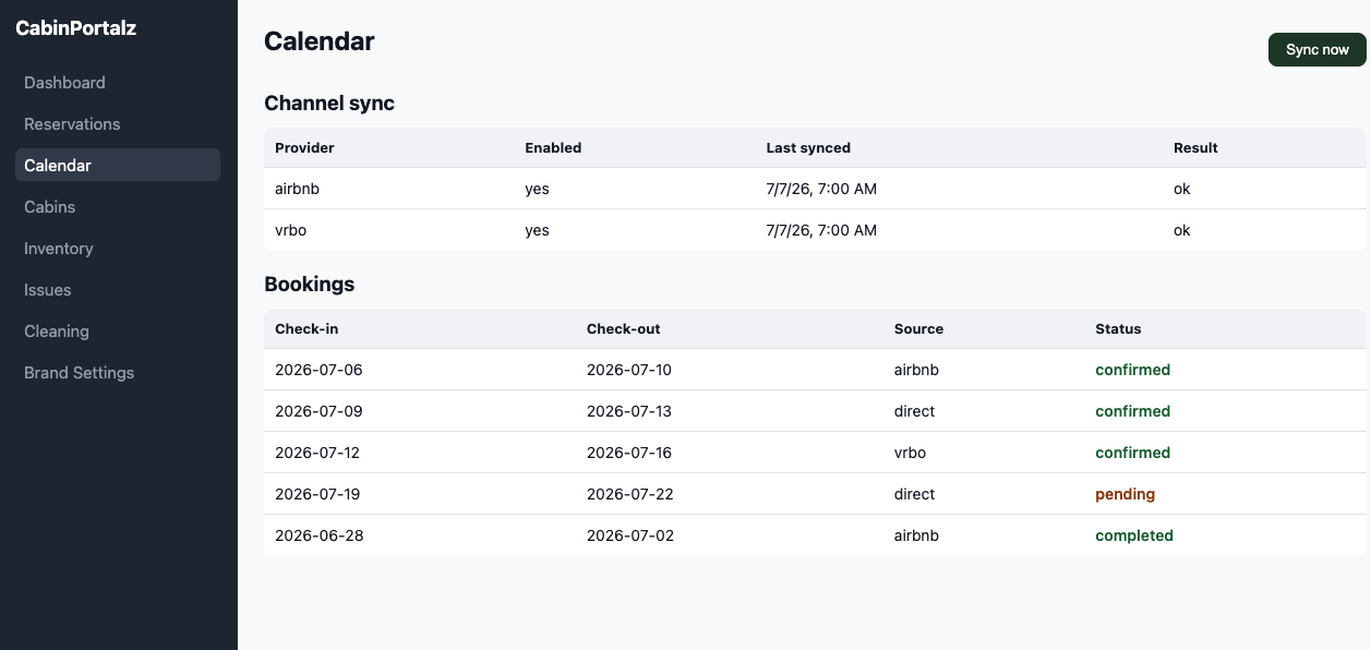 CabinPortalz owner dashboard showing reservations, issues, and cleaning stats